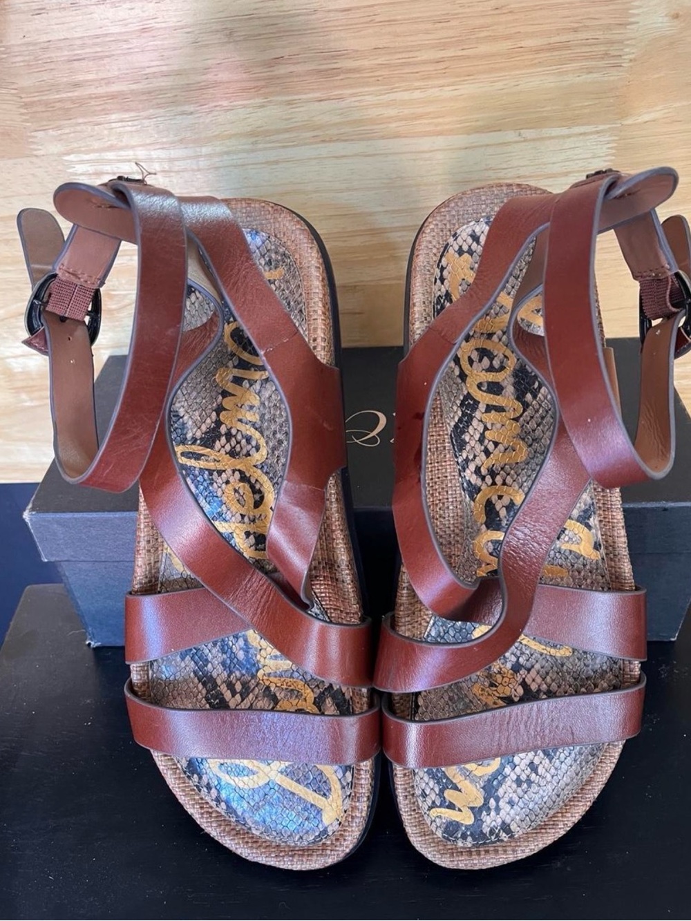 Sam Edelman Brown Leather Strappy Sandals with Snake-Print Footbed